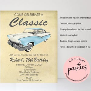 Vintage Classic Retro Car Birthday Party Invitations Invites Personalized Custom ~ We Print and Mail to You