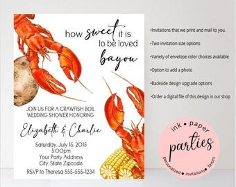 May include: Invitation design for a crawfish boil wedding shower. Features illustrations of crawfish, corn, and potatoes. Includes the text "how sweet it is to be loved bayou" and event details for Elizabeth & Charlie.