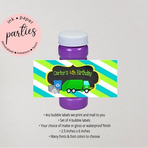 Garbage Recycle Recycling Truck Birthday Party  Bubble Labels Wrappers Favors Favor  Personalized Custom Design - We Print & Mail to You! -