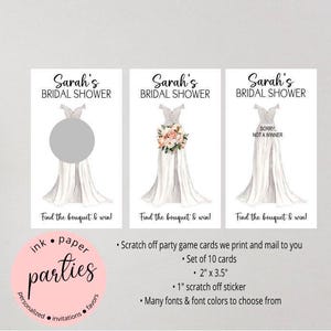 May include: Three white rectangular bridal shower scratch-off game cards measuring 2 inches by 3.5 inches. Each card features a black text header Sarah's BRIDAL SHOWER, a wedding dress illustration, and the text Find the bouquet & win! at the bottom.