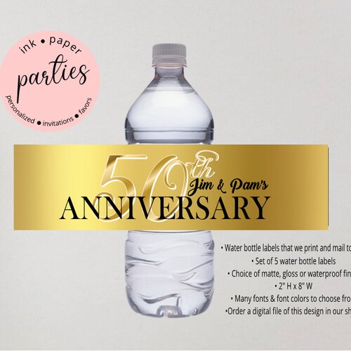 Black and Gold Glitter 50th Anniversary Water Bottle Labels - Etsy