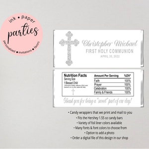 Cross Baptism Confirmation First Communion Religious Party Candy Wrappers Favors Personalized Custom Design ~ We Print and Mail to You