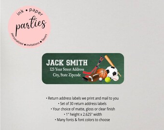 Sports Football Soccer Baseball Hockey Basketball Tennis Return Address Labels Personalized Custom - We Print and Mail to You!