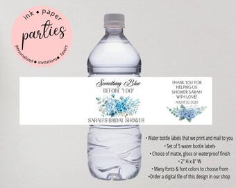 Hydrangea Water Bottle Labels - Something Blue Before I Do Water Labels - Bridal Shower Water Party Labels - Flowers Wedding Shower Favors