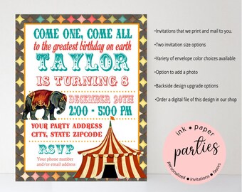 Vintage Circus Carnival Tent Elephant Birthday Party Invitations Invites Personalized Custom ~ We Print and Mail to You