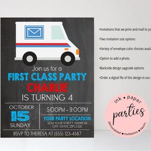 Mail Truck Invitation - Post Office Invitations - Birthday Party, Baby Shower - Personalized Mail, Delivery Trucks, Mailman Trucks Invites