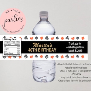 Poker Cards Chips Casino Birthday Party Favors Favor Water Bottle Labels Wrappers Personalized - We Print and Mail to you!