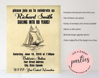 Vintage Classic Sailboat Boat Yacht Birthday Party Invitations Invites Personalized Custom ~ We Print and Mail to You