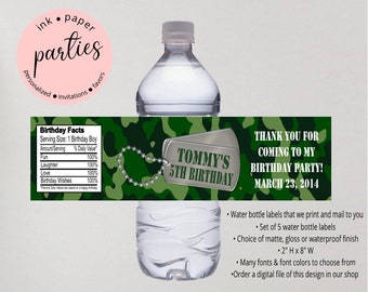 Camouflage Birthday Party Favors Favor Water Bottle Labels Wrappers - We Print and Mail to you!