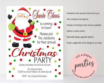 Invitación a la fiesta de Papá Noel que viene a la ciudad - Invitaciones para fiestas de cumpleaños navideñas con temática de Papá Noel - Invitaciones para fiestas de cumpleaños navideñas y festivas