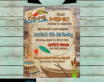 Gone Fishing Fish Fisherman Reel Rod Birthday Party Invitations Invites Personalized Custom ~ We Print and Mail to You