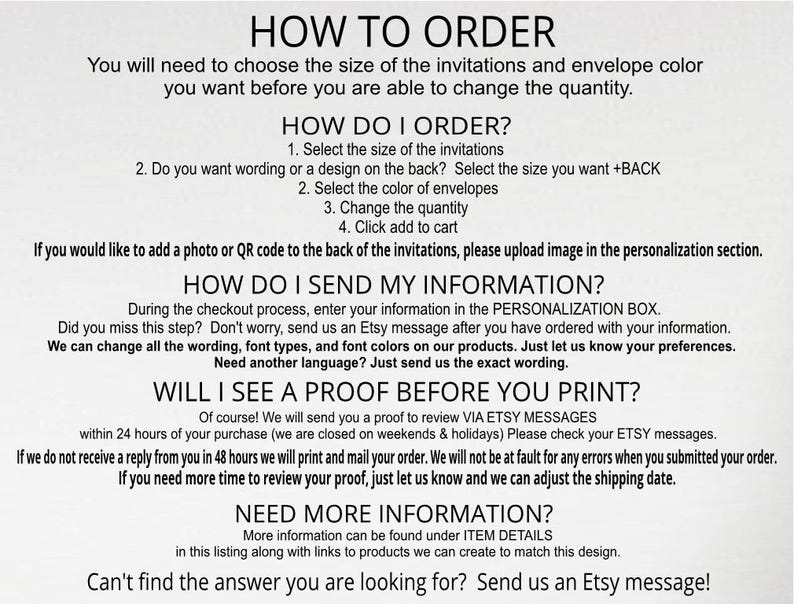 a collection of various invitations and envelopes, with a focus on the process of ordering them.