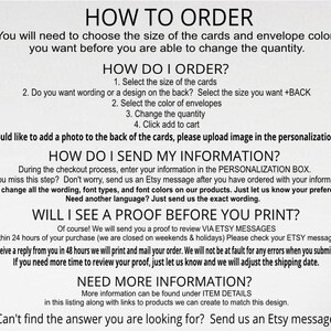 a card ordering process, with instructions on how to order cards and envelopes, as well as how to send information and receive a proof before printing.