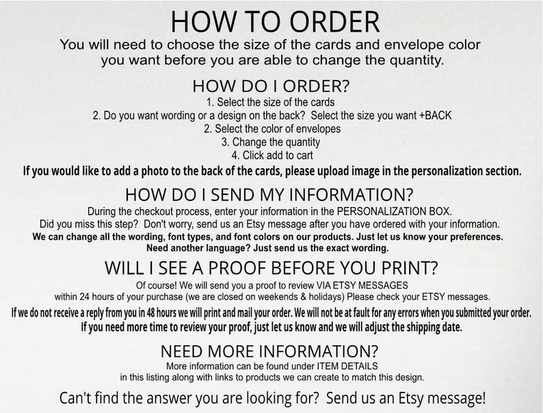 a card ordering process, with instructions on how to order cards and envelopes, as well as how to send information and receive a proof before printing.