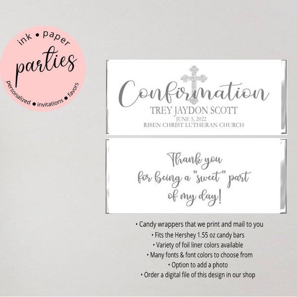 Confirmation Religious Party Candy Wrappers Favors Personalized Custom Design ~ We Print and Mail to You