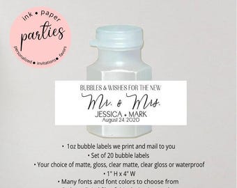 Wedding Bubble Labels - Personalized Mini Bubble Label - Bridal Shower, Anniversary Bubble Favor Sticker - Send Off Party Favors Stickers