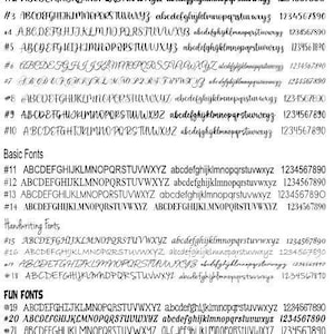 a collection of various font styles and sizes, including both uppercase and lowercase letters, as well as numbers and punctuation marks. The fonts are presented in a grid format, with rows and columns, and the image is described in terms of its content, such as "Basic Fonts", "Handwriting Fonts", and "Funnies". The image does not contain any text that can be transcribed, and the descriptions provided are concise and focused on the visual content of the fonts.