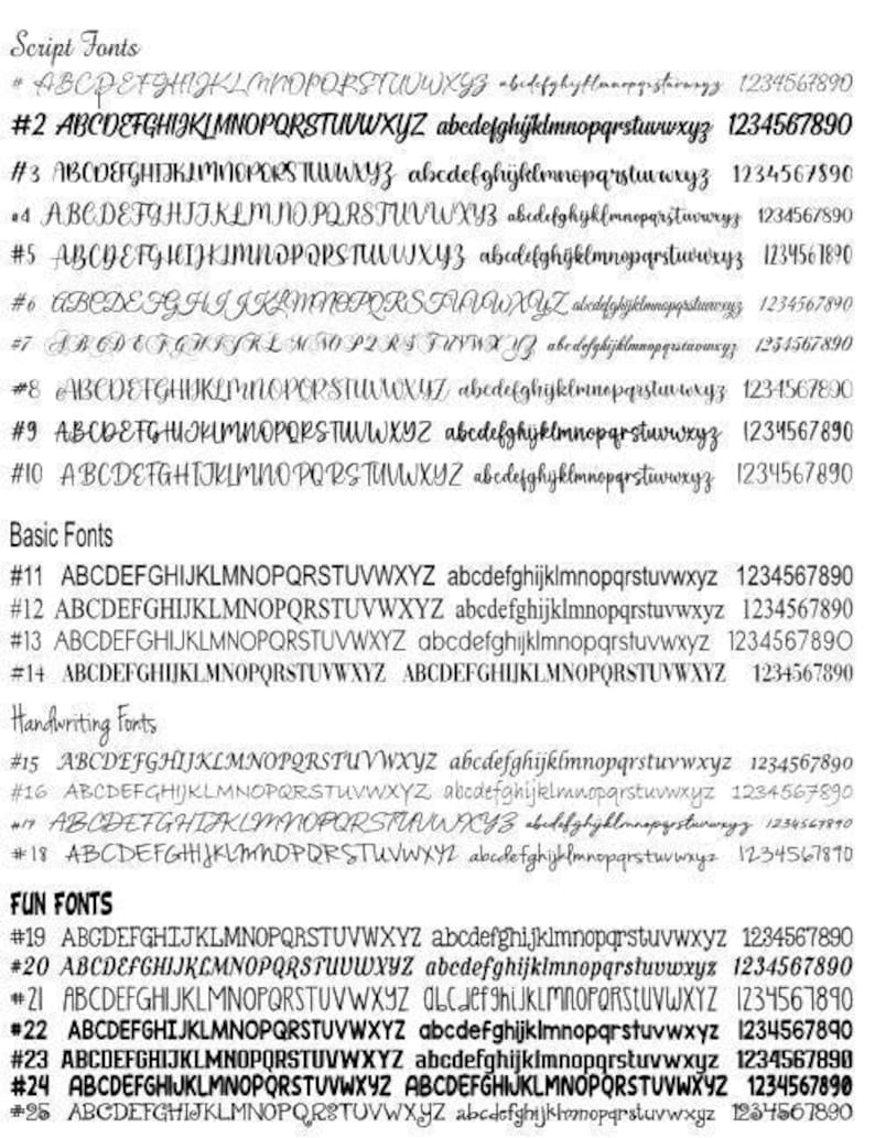 a collection of various font styles and sizes, including both uppercase and lowercase letters, as well as numbers and punctuation marks. The fonts are presented in a grid format, with rows and columns, and the image is described in terms of its content, such as "Basic Fonts", "Handwriting Fonts", and "Funnies". The image does not contain any text that can be transcribed, and the descriptions provided are concise and focused on the visual content of the fonts.