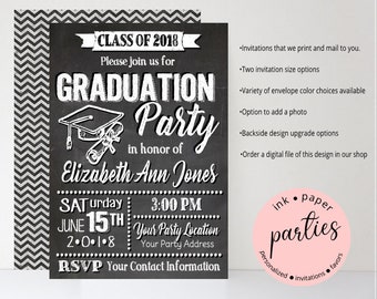 Graduation Graduate ~ Any Colors ~ With or Without Photo Chalkboard Party Invitations Invites Announcement Personalized ~ We Print and Mail