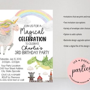 May include: A birthday party invitation featuring a watercolor unicorn, a green dragon, a rainbow, and a castle. The text reads: JOIN US FOR A Magical CELEBRATION TO CELEBRATE Charlie's 3RD BIRTHDAY PARTY, Saturday, July 15, 2015, 3:00pm - 5:00pm.