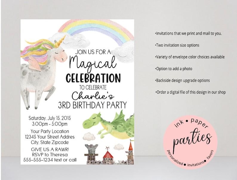 May include: A birthday party invitation featuring a watercolor unicorn, a green dragon, a rainbow, and a castle. The text reads: JOIN US FOR A Magical CELEBRATION TO CELEBRATE Charlie's 3RD BIRTHDAY PARTY, Saturday, July 15, 2015, 3:00pm - 5:00pm.