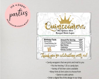 Quinceanera Mis Quince Anos 15th Birthday Princess Tiara Crown Party Candy Wrappers Favors Personalized Custom ~ We Print and Mail to You