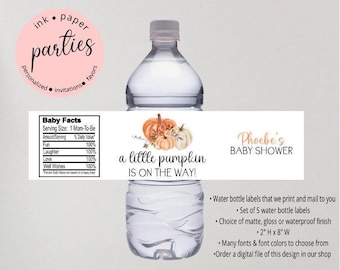 Pumpkin Water Bottle Labels - Baby Shower Pumpkin Favors - Pumpkin, Fall Birthday Water Bottle Labels - Personalized Pumpkin Party Label