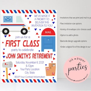 Mail Carrier Post Office Postal Worker Man Woman Retirement Retired Party Invitations Invites Announcement Personalized ~ We Print and Mail