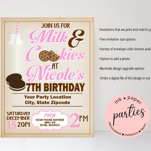Milk and Cookies Invitation - Birthday Party Invitations Invites Custom Personalized ~ We Print and Mail to You