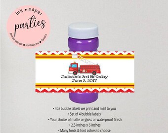 Firetruck Fire Truck Engine Birthday Party  Bubble Labels Wrappers Favors Favor Personalized Custom - We Print & Mail to You! -