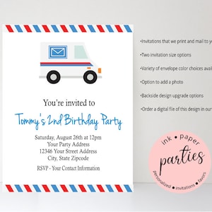 Mail Truck Invitation - Post Office Invitations - Mailman, Mailwoman, Birthday Party, Baby Shower - Personalized Mail Trucks Invitation