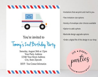 Mail Post Office Delivery Mailman Truck Birthday Party Invitations Invites Personalized Custom ~ We Print and Mail to You