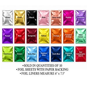 May include: A collection of twenty-one rectangular foil sheets with paper backing, each in a distinct color including silver, gold, black, pink, rose gold, fuchsia, lavender, purple, red, burgundy, yellow, orange, pumpkin orange, mint green, chartreuse, green, baby blue, medium blue, dark blue, peacock blue, and red holographic hearts. Each sheet measures 6 inches by 7.5 inches.