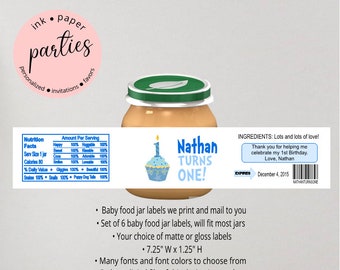 Cupcake Birthday Baby Food Jar Labels Party Favors Personalized Custom - We Print and Mail to you!