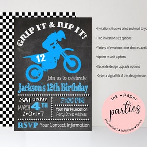 Dirt Bike Motorcycle Motorcross Chalkboard Birthday Party Invitations Invites Personalized Custom ~ We Print and Mail to You