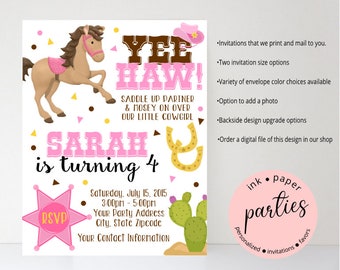 Cowgirl Western Horse Riding Pony Birthday Party Invitations Invites Personalized Custom