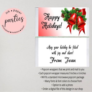 Holiday Christmas Popcorn Party Wrappers Favors ~ We Print and Mail to You