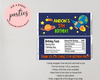 Outer Space Rocket Ship Rocketship Planets Outerspace Birthday Party Candy Wrappers Favors Personalized Custom ~ We Print and Mail to You