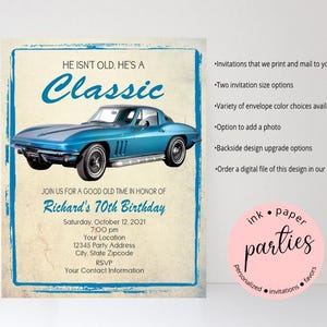 Vintage Classic Retro Car Birthday Party Invitations Invites Personalized Custom ~ We Print and Mail to You