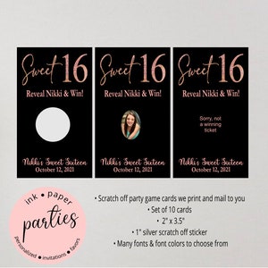 Sweet 16 Sixteen Birthday Party Scratch Off Tickets Cards Favor Favors Game - We Print and Mail to you!