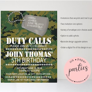 Military Army Dog Tags Camoflauge Birthday Party Invitations Invites Personalized Custom ~ We Print and Mail to You