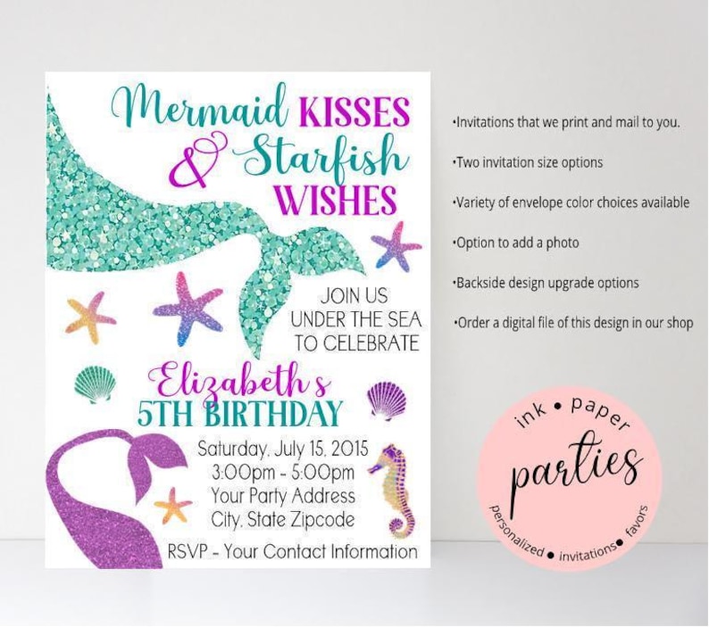 Mermaid Tails Invitation - Under the Sea Ocean Birthday Party Invitations - Personalized Mermaid Tail Invites ~ We Print and Mail to You image 1
