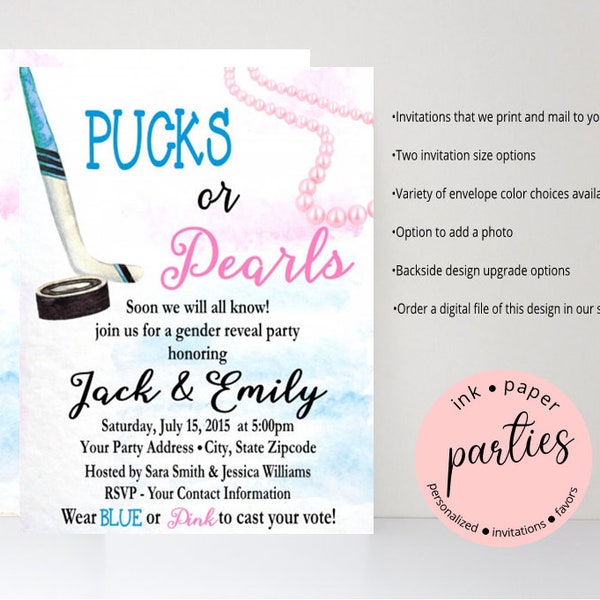 Hockey Pucks or Pearls Team Pink or Blue Baby Shower Gender Reveal Party Invitations Invites Personalized Custom ~ We Print and Mail to You