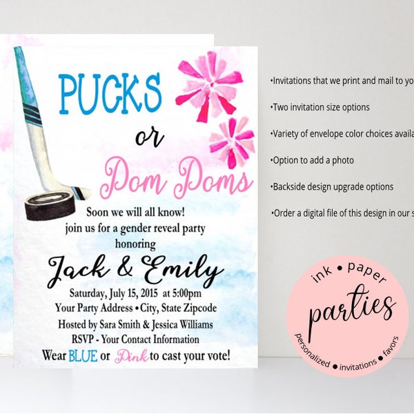 Hockey Pucks or Pom Poms Team Pink or Blue Baby Shower Gender Reveal Party Invitations Invites Personalized Custom ~ We Print & Mail to You