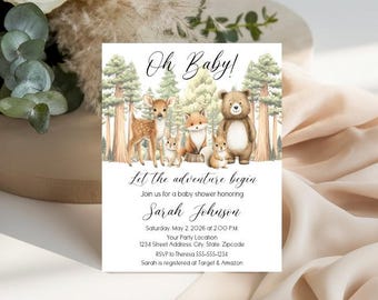 May include: A rectangular baby shower invitation card featuring a watercolor illustration of a deer, a fox, a rabbit, and a bear in a forest. The text reads: Oh Baby! Let the adventure begin. Join us for a baby shower honoring Sarah Johnson.