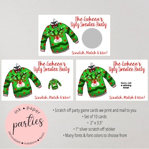 Holiday Christmas Ugly Sweater Party Scratch Off Tickets Cards Favor Favors Game - We Print and Mail to you!