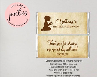 First Communion Boy Shadow Party Candy Wrappers Party Favors Personalized Custom ~ We Print and Mail to You