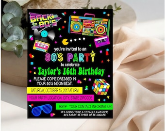 80's Invitation - 80's Birthday Party Invitations - Groovy, Retro Party Invitation - Neon, Glow Birthday Invitations - 80's Party Invites