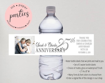 Anniversary Water Bottle Labels - 25th Anniversary Favor Labels - Silver Anniversary Party Favors - Personalized Anniversary Water Label