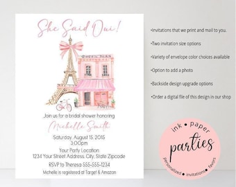 May include: Pink bridal shower invitation with the text "She Said Oui!" and a watercolor illustration of the Eiffel Tower, a cafe, and a bicycle. The invitation includes event details and RSVP information.